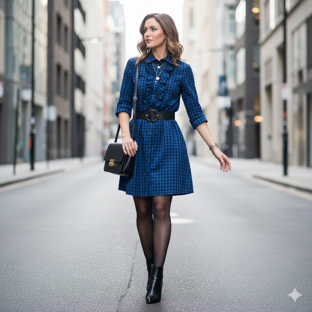 Etam Chic Navy Plaid Ruffle Shirt Dress / Shacket